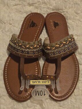 Aloha Island Embellished Thong Sandals Women’s 10M Brown Beaded Flat